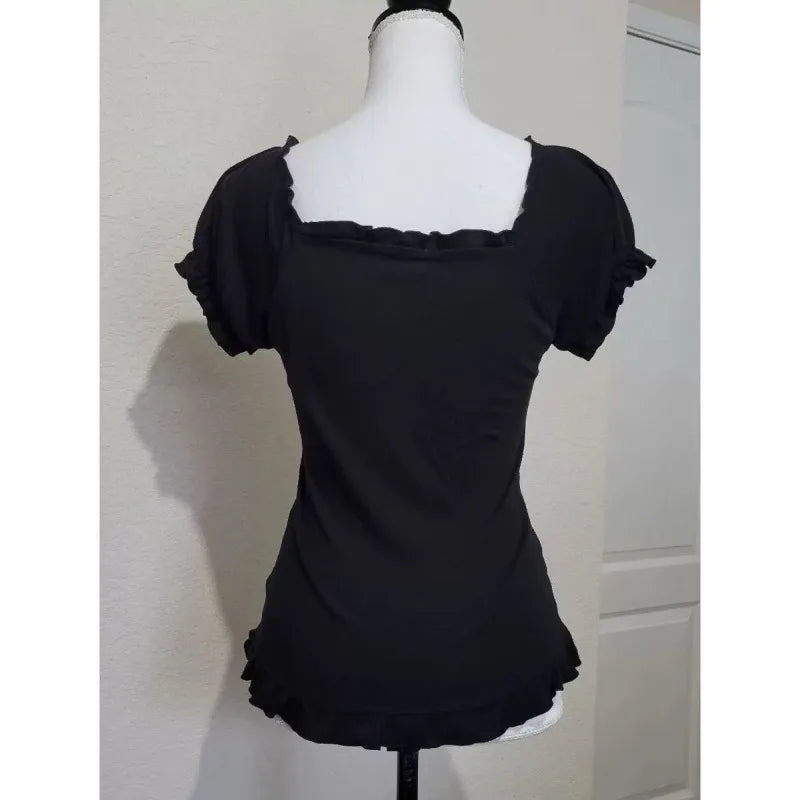Vintage Black Fashion Bow Sweet Blouse Women Short Sleeve Square Neck Slim Chic Tops New Elegant Casual Y2K Retro Outfits 2025