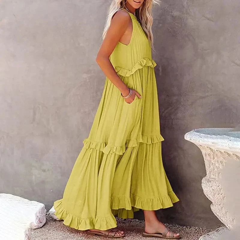 Women Casual Ruffles Long Dress 2026 Summer Elegant Sleeveless Sundress Elegant Harajuku Maxi Dress Beach Party Evening Vestido