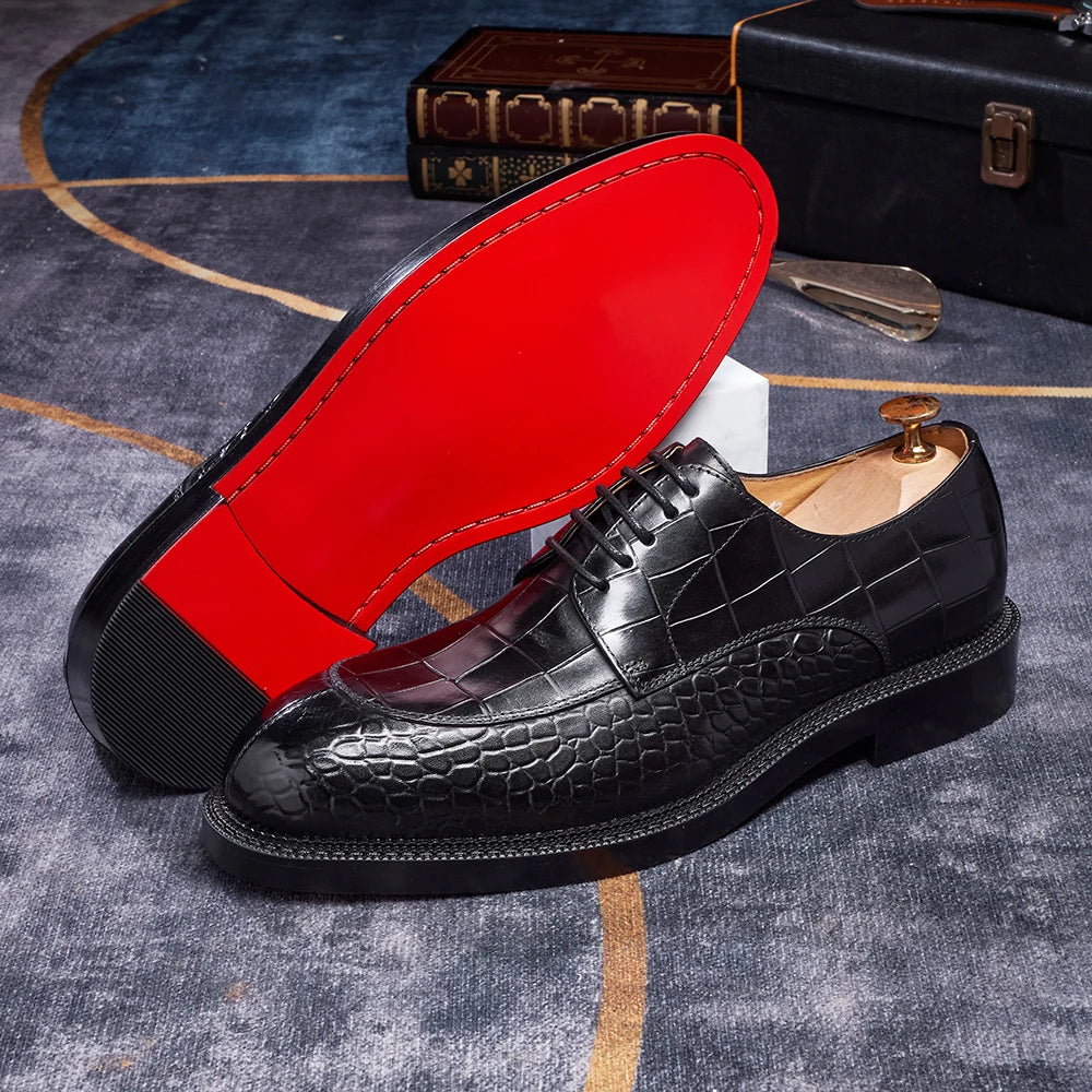 CROCODILE OXFORD DRESS SHOES - Men's Genuine Cowhide Height-Increasing Lace-Up - Elegant Wedding & Office