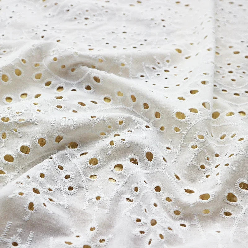 WHITE COTTON LACE FABRIC - Floral Embroidery, 130cm Wide - Elegant Sewing Cloth