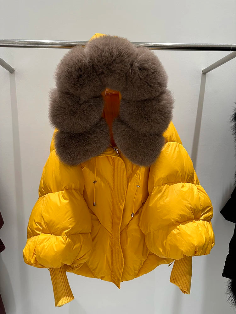Fur Collar Down Jacket – Hooded Lantern Sleeve Quilted