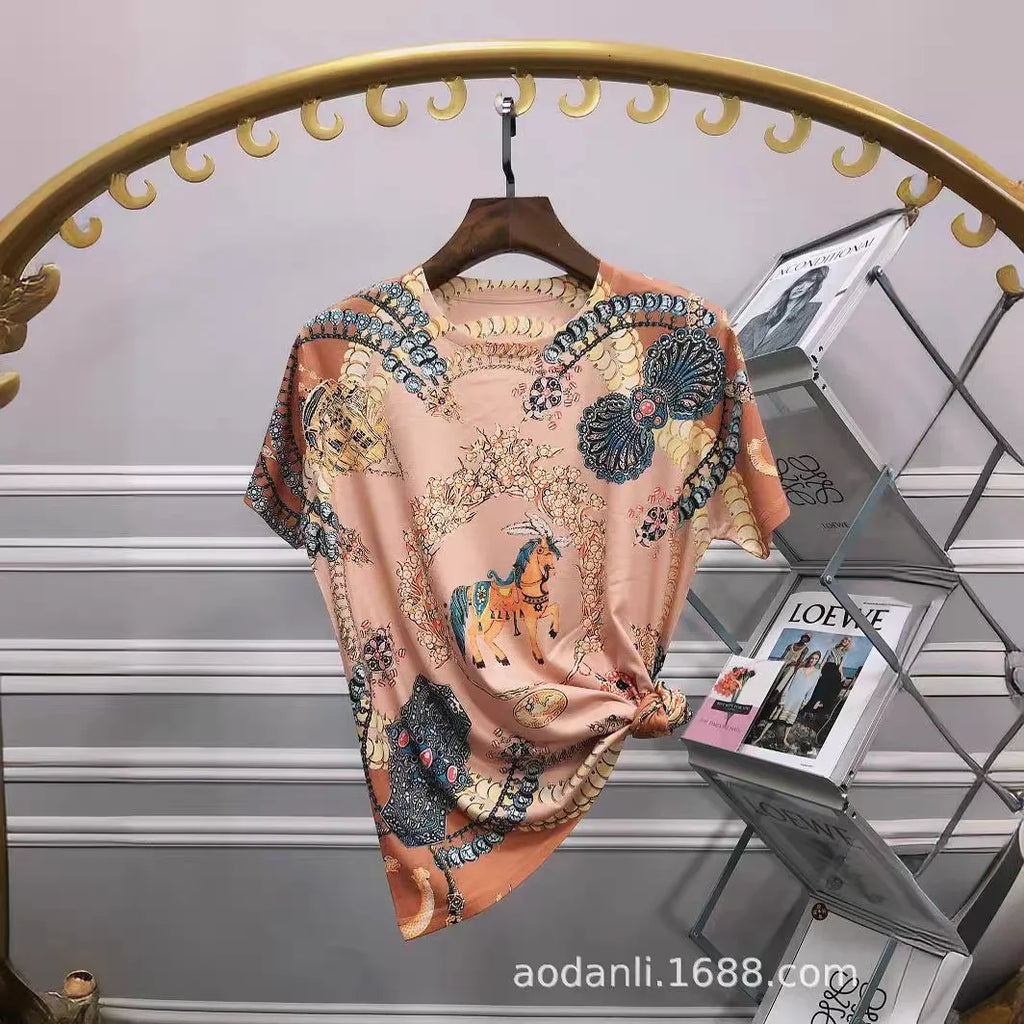 2025 Cartoon Printed T Shirts Women Clothes Vintage Style Casual Horse Pattern Female Short Sleeve Summer Tops Женская Одежда