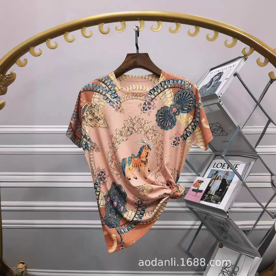 2025 Cartoon Printed T Shirts Women Clothes Vintage Style Casual Horse Pattern Female Short Sleeve Summer Tops Женская Одежда