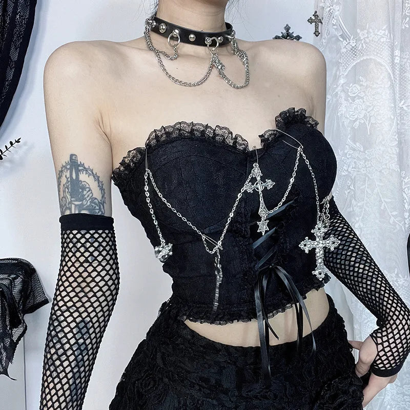 Unholy Lace Halter - Black Goth Corset Top With Cross And Red Velvet