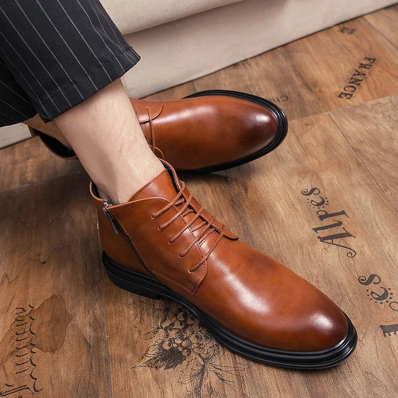 Men's Business Ankle Boots - Lace-Up Side Zipper PU Leather Round Toe Low Heel