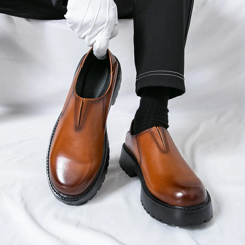 Men's Cowhide Loafers - Thick Sole Round Toe Breathable Casual Leather Shoes