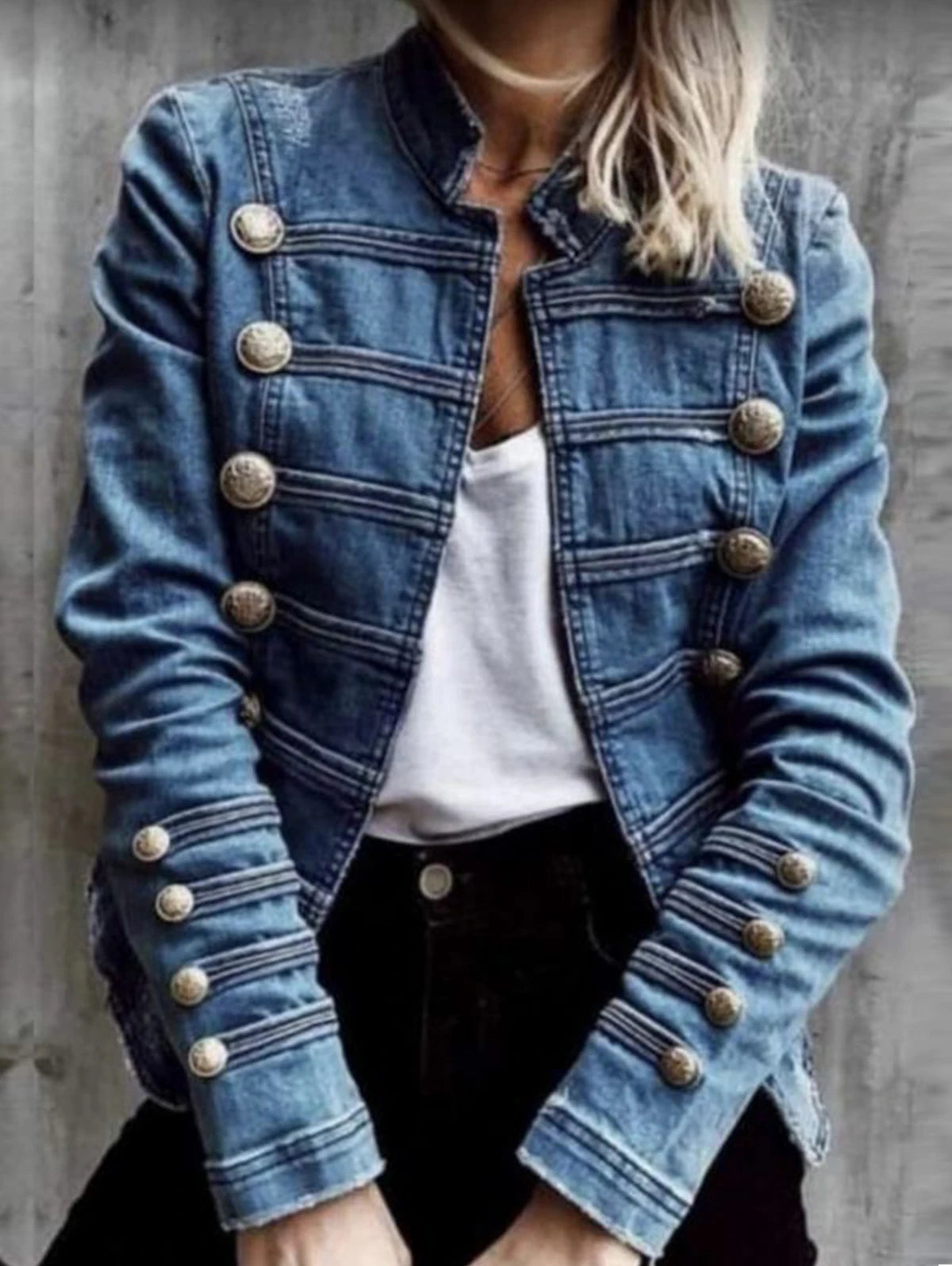 Vintage Slim Denim Coat - Stand-Collar
