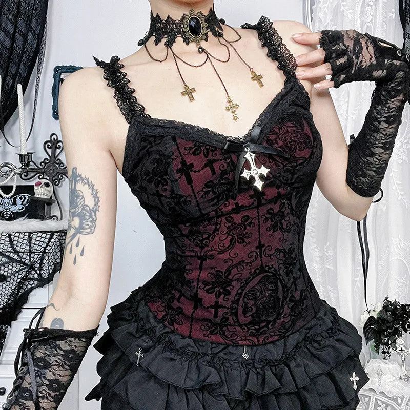 Unholy Lace Halter - Black Goth Corset Top With Cross And Red Velvet
