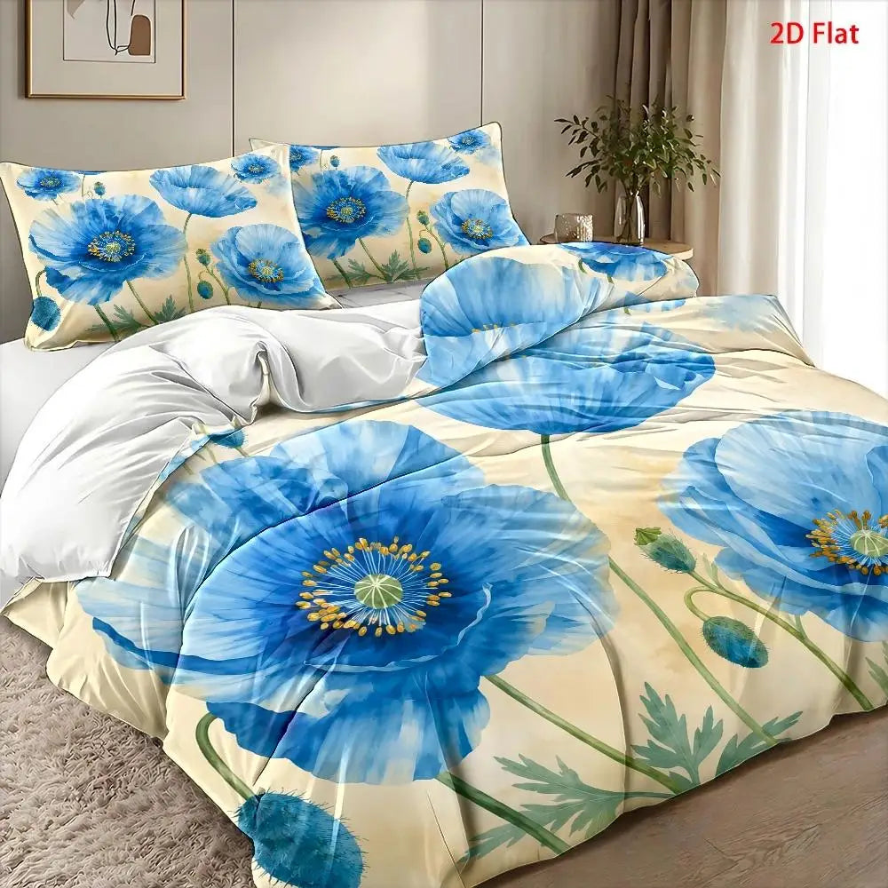 BLUE POPPY - Nordic Floral Duvet Cover Set - Modern, Breathable & Skin-Friendly
