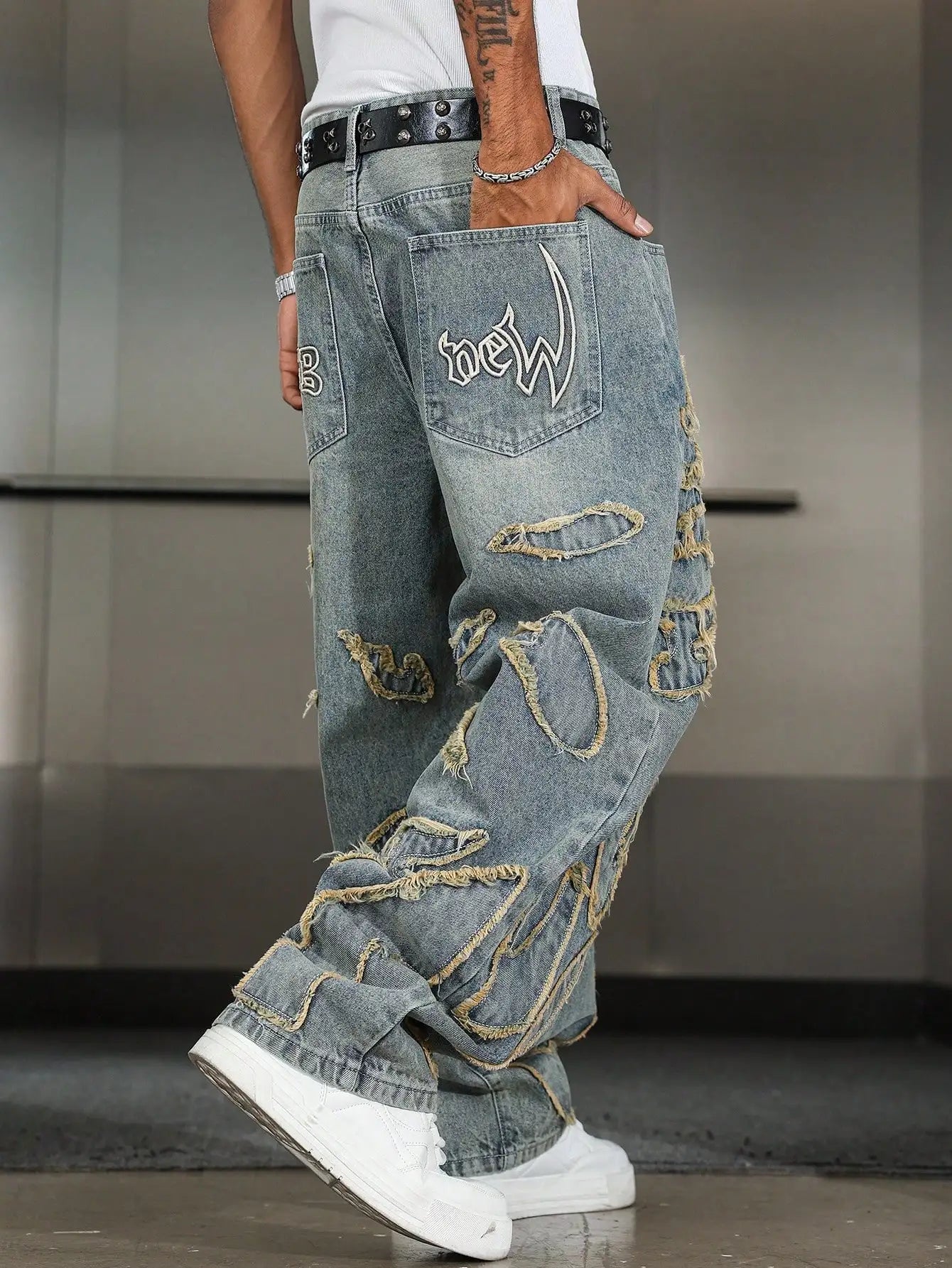 Men's Patchwork Frayed Denim Jeans - Wide Leg Streetwear - Embroidered High Street