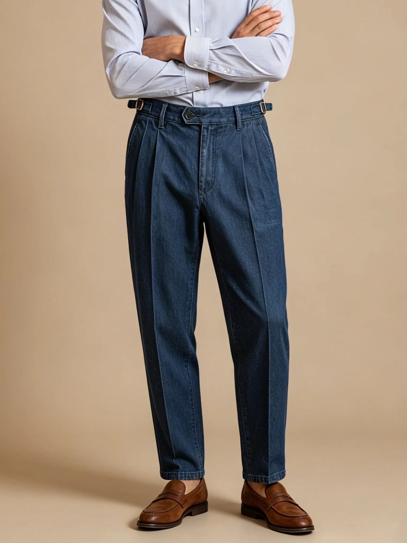 NAPLES PLEAT - Men's Neapolitan Double Pleat High Waist Suit Pants Denim Style - Navy Blue, S–XXL