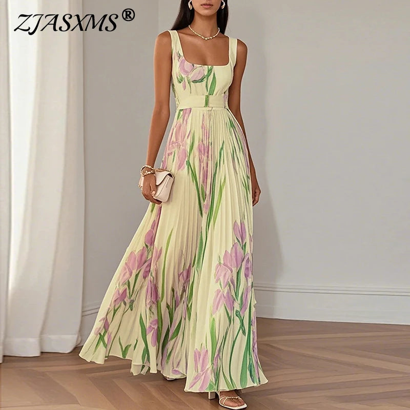 New Women's Sleeveless Straps Summer Dress Elegant Floral Print Pleated Long Dresses Spring Square Collar High Waist Party Dress