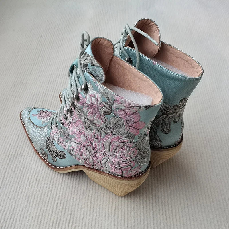Floral Embroidered Silk Ankle Boots – Statement Heel
