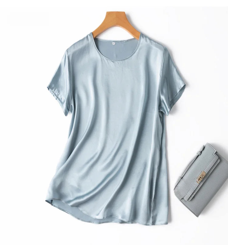 100% Mulberry Silk 19 Momme Charmeuse Silk Women Tank Top T-shirt Short Sleeve Shirt Blouse Solid Colors Summer M L XL AA4270
