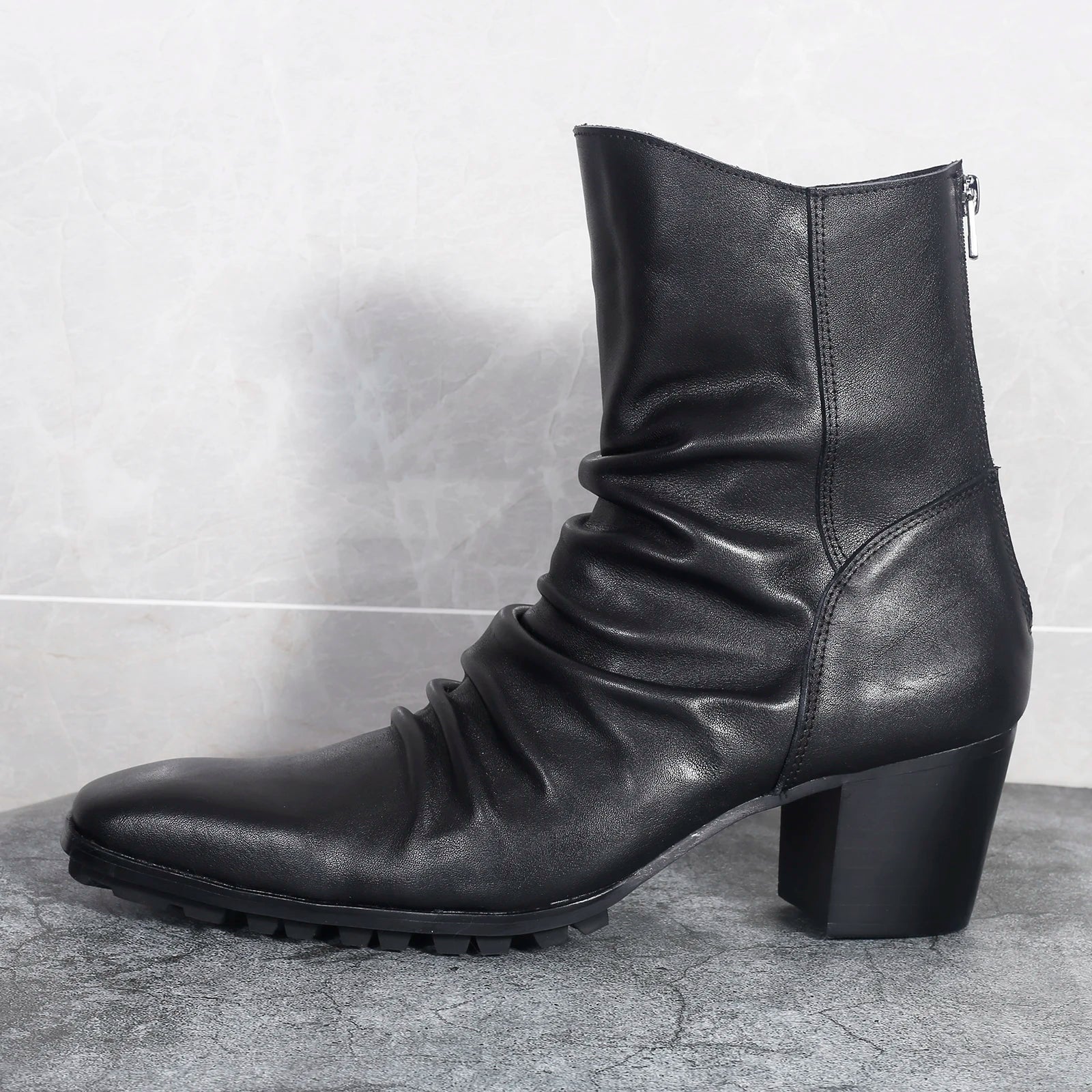 Pleated Cow Leather Chelsea Boots - Pointed Toe Zip Wedge Heel Yuppie Style
