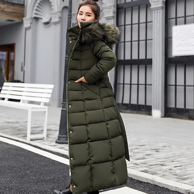 Long Fur Collar Parka – Over-Knee Hooded Padded Coat