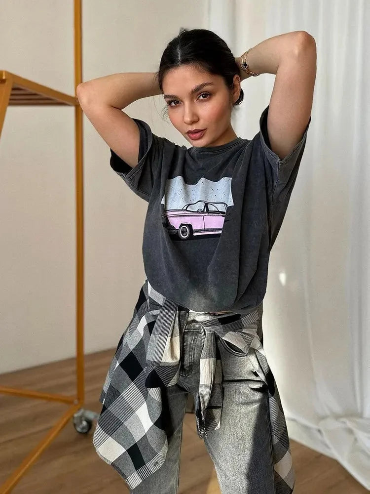 Women Leopard Letter Printed Washed T-shirt Cotton Oversized Womans Tops Fashion O-Neck Short Sleeve Tees Y2k Female Clothes