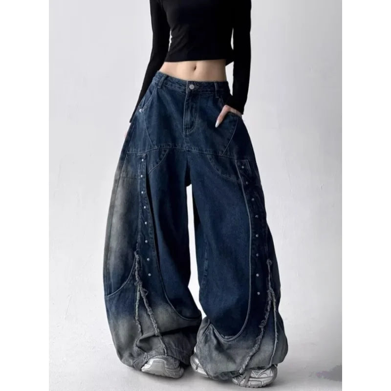 Y2K Patchwork Baggy Wide Leg Jeans - Vintage Wash