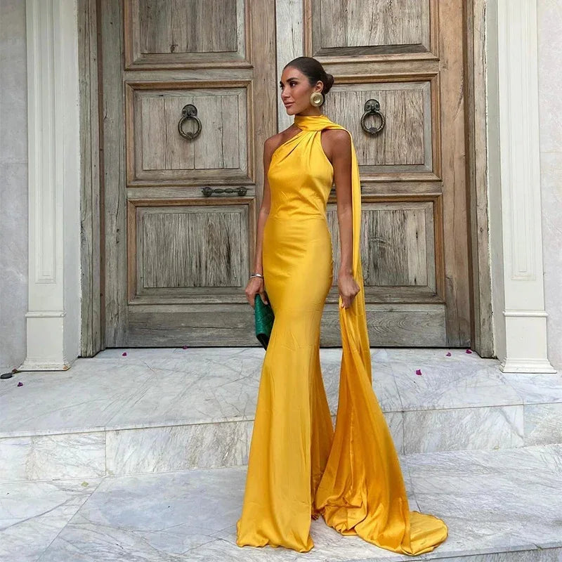 Satin Ribbon Halter Long Dresses Women's Backless Casual Maxi Dress Evening Wedding Guest White Blue Green Summer Graduation New