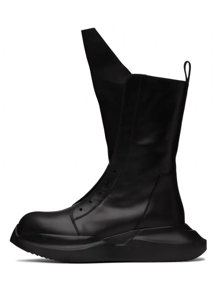 Men's Gothic Platform Mid-Calf Boots - Handmade Genuine Leather Zip Moto Dark Luxury