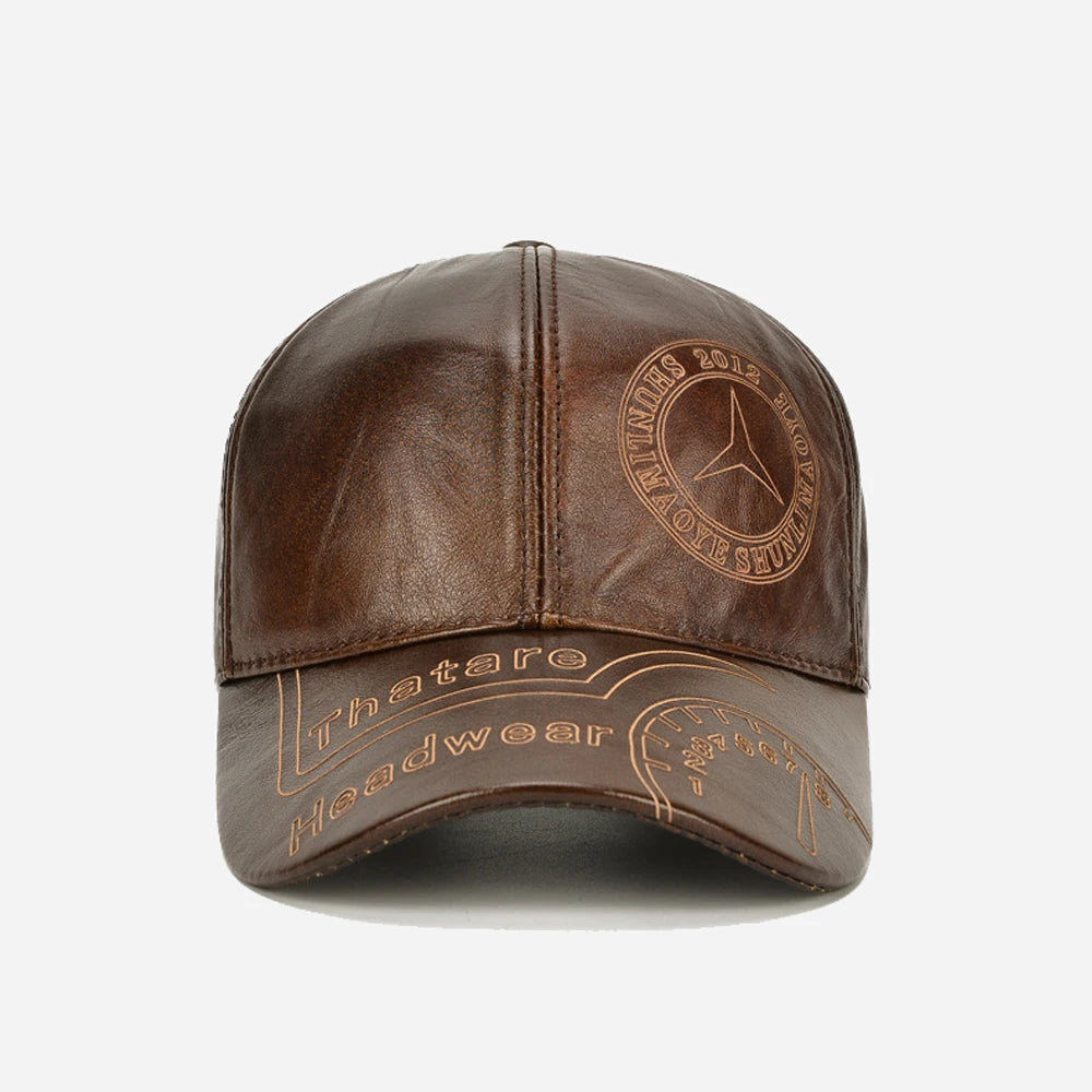 COWHIDE LEATHER BASEBALL CAP - Men's Genuine Leather Hat with Ear Protection Adjustable - Brown / Coffee