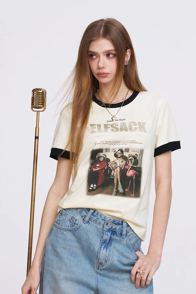 ELFSACK Women's Vintage Ringer T-Shirt with Photo Graphic Print, Retro Contrast Tee for Summer, Chic Aesthetic Short Sleeve Top