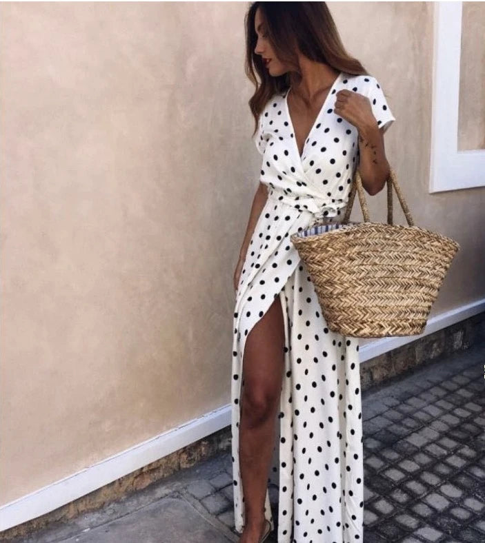 1pc Colorful Polka Dot Printed Maxi Dresses Women Summer V-Neck Short Sleeved Slit Long Dress Robe