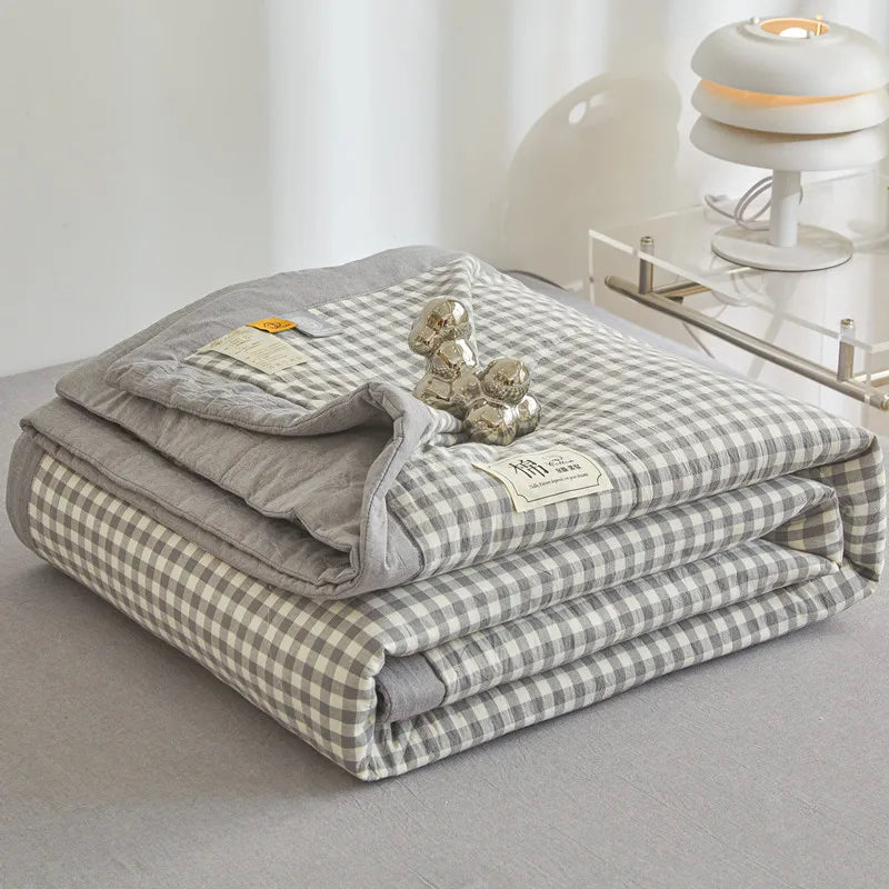 WASHED COTTON SUMMER COMFORTER - Pure Cotton Fill, Quilted Plaid - Cool Nights