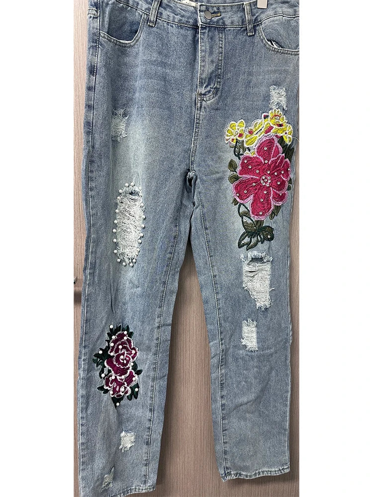 Bloom Boom Riot - 3D Floral Embroidered Ripped Boyfriend Jeans with Pearls