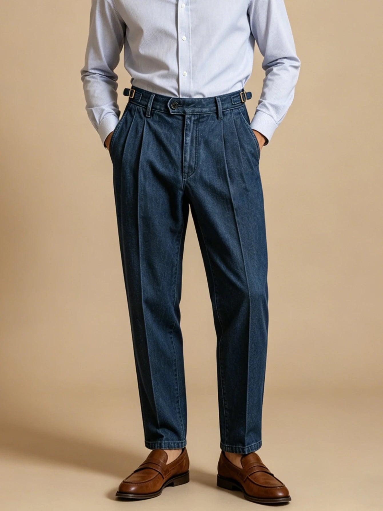 NAPLES PLEAT - Men's Neapolitan Double Pleat High Waist Suit Pants Denim Style - Navy Blue, S–XXL