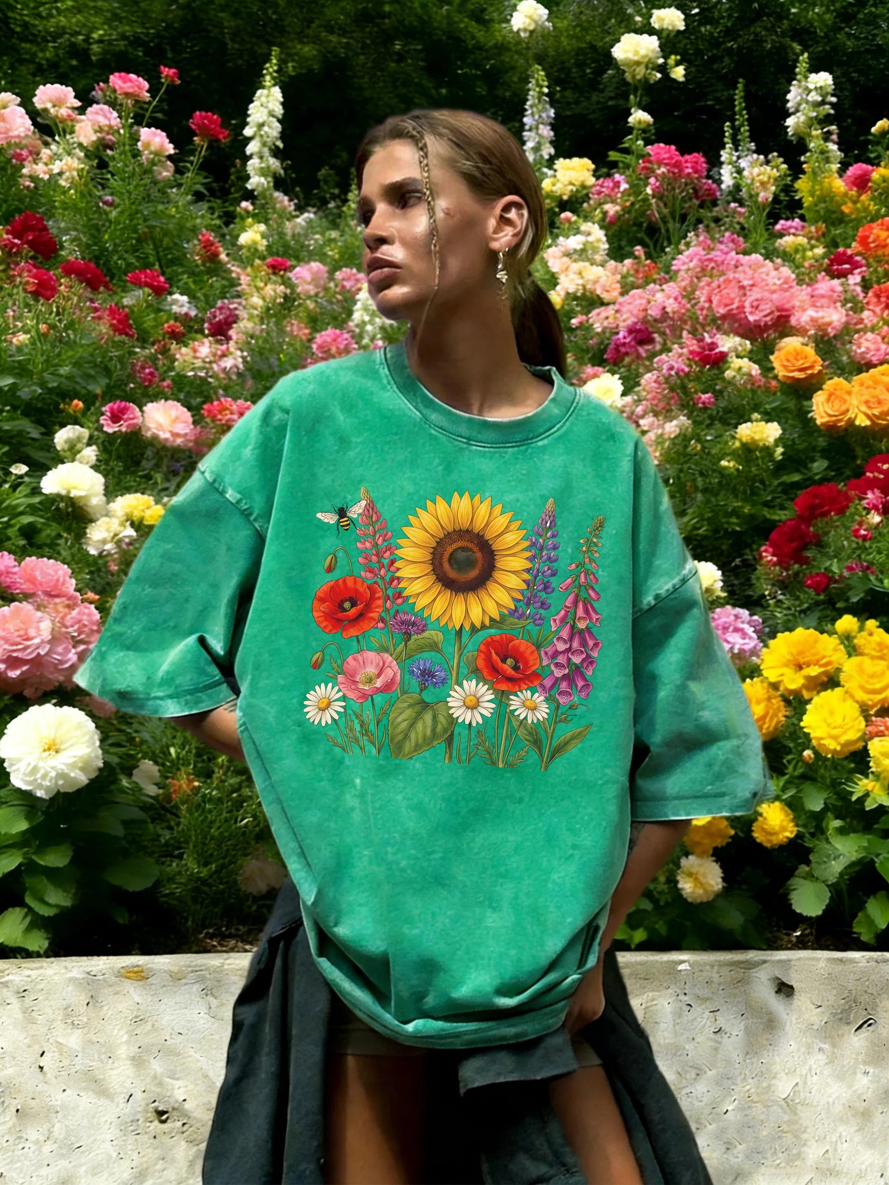 Colorful Sunflowers Beautiful Flowers Printed Washed T-Shirt Women O-Neck Cotton T Shirt Loose Clothes Vintage Summer Sportswear
