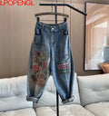 Elastic Waist Hot Diamond Jeans For Women 2026 Spring And Summer New Embroidered Denim Straight Loose Harem Daddy Pants