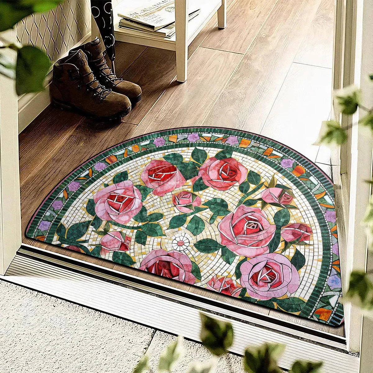 FLORAL SEMI-CIRCLE DOORMAT - Short-Loop Polyester, 8 Patterns & 9 Sizes - Soft Entries