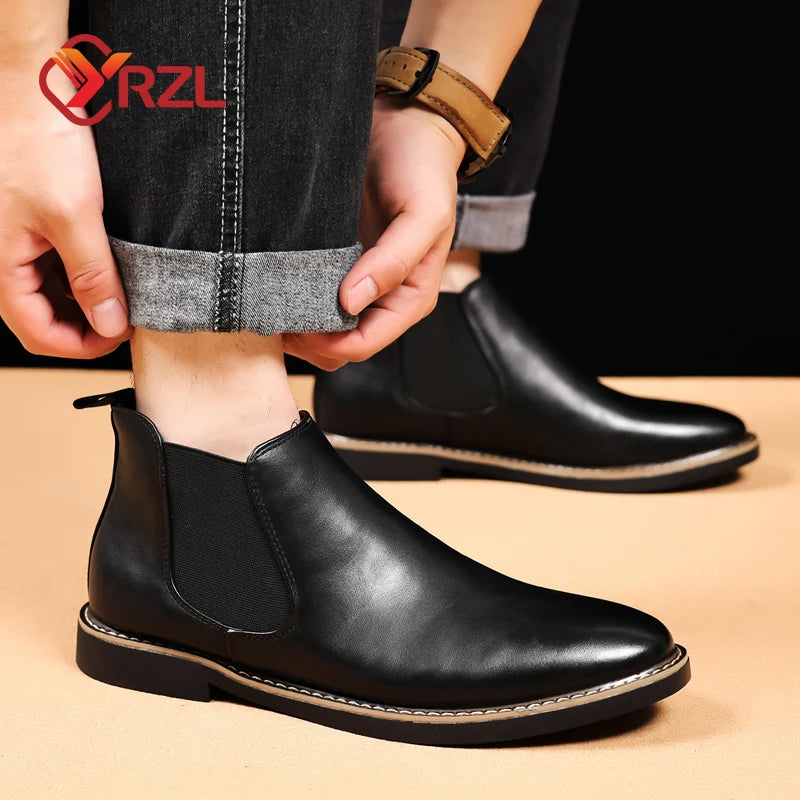 Men's PU Leather Chelsea Boots - Retro Pointed Toe Slip-On Waterproof Ankle Boots