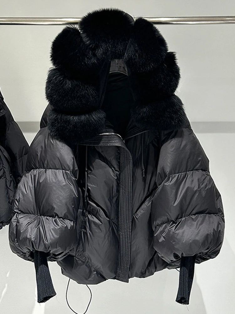 Fur Collar Down Jacket – Hooded Lantern Sleeve Quilted