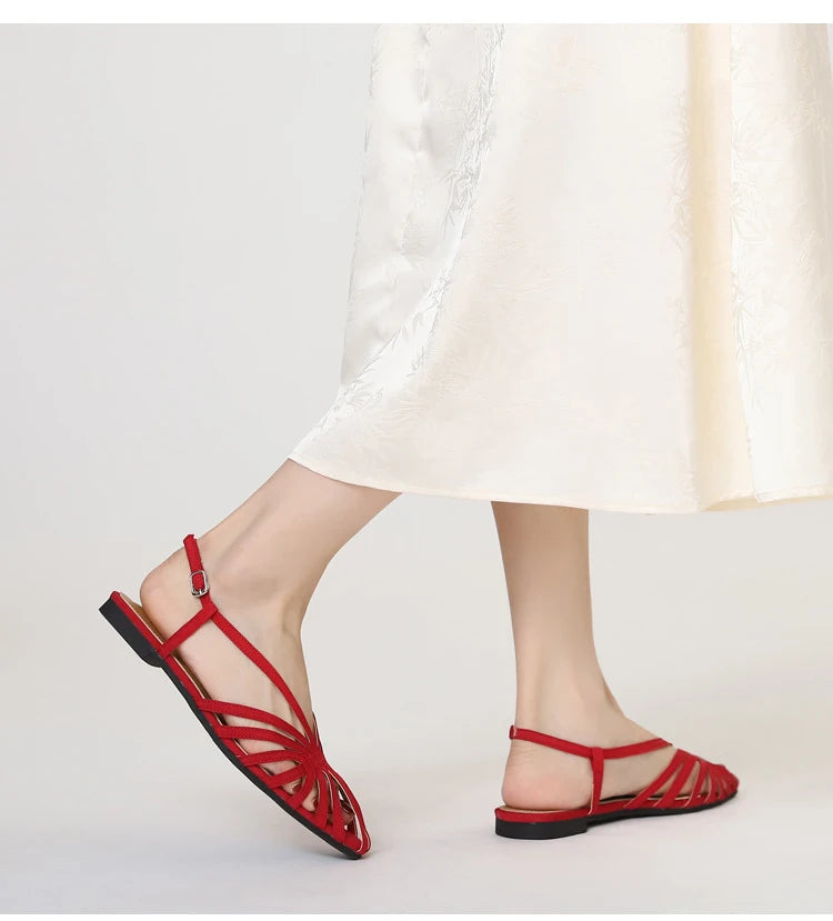 ZAROY Narrow Band Women Flat Sandals Large Size Designer Brand Banquet Wedding Shoes Summer Hollow Beach Gladiator Sandals