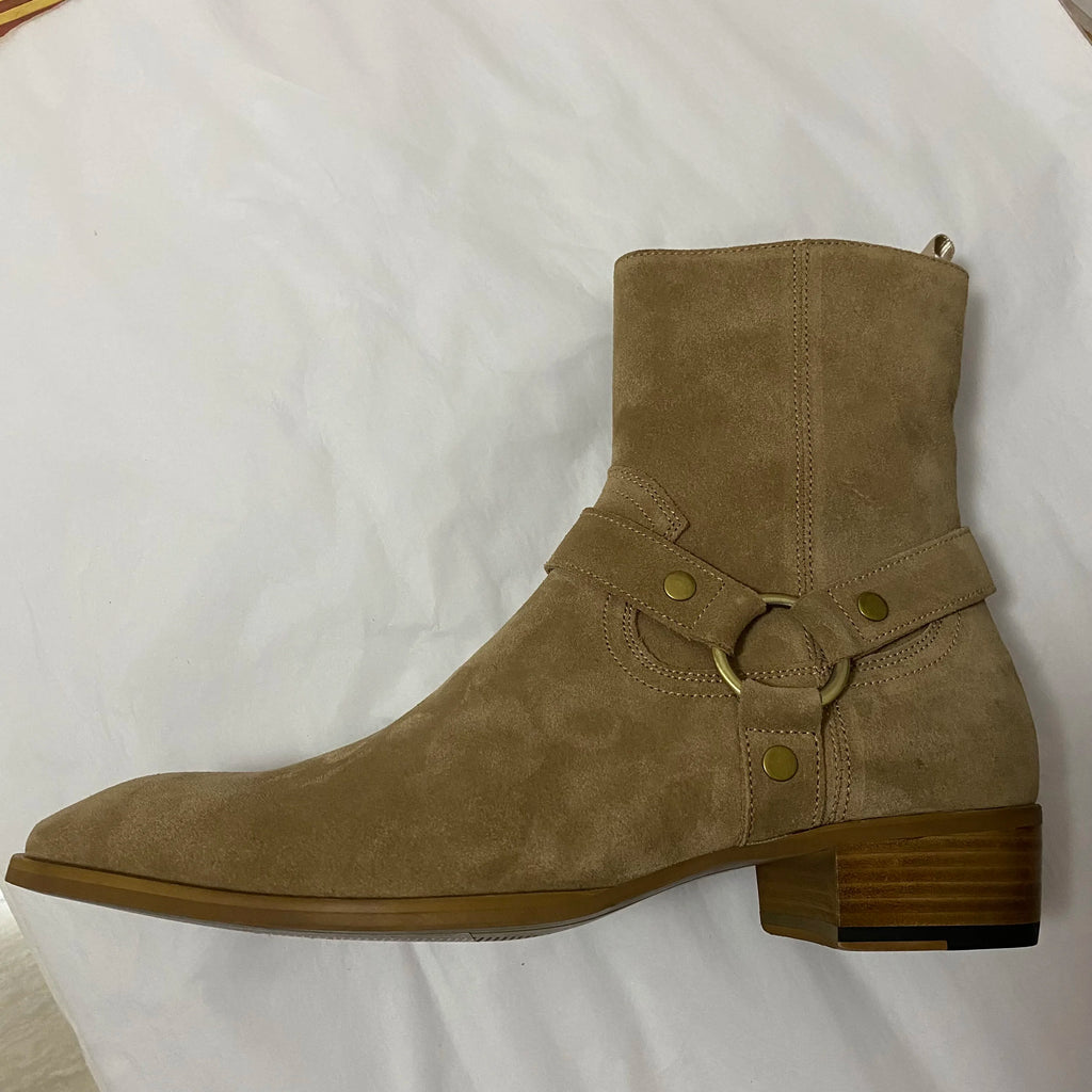BEIGE SUEDE CHELSEA BOOTS - Men's Handmade Cow Suede Buckle Strap Catwalk Wedge - Luxury Style