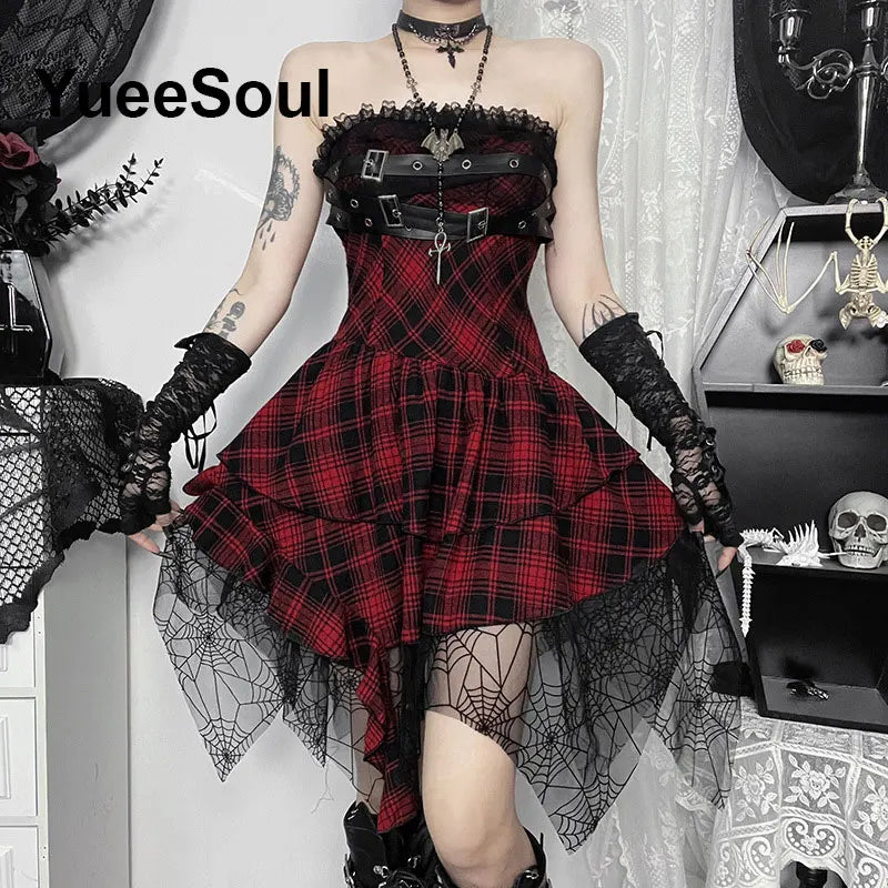 Grunge Gothic Women Dress Lace Trim High Waist Bodycon Mini Dress 2026 New E-girl Vintage Punk Harajuku Lolita Party Clothes