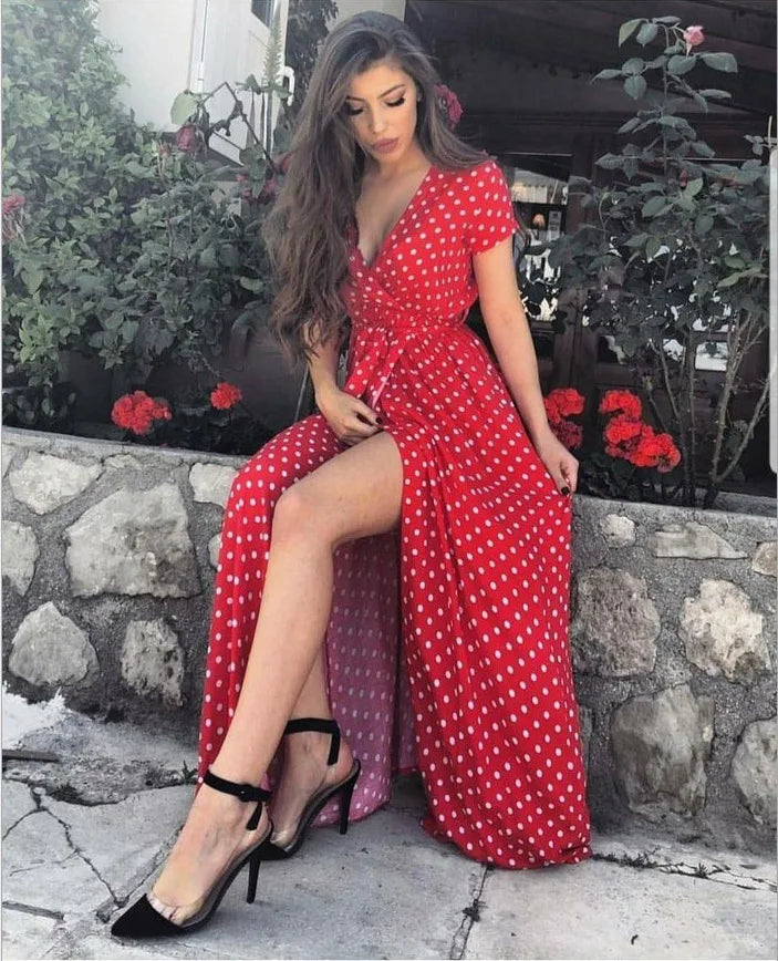 1pc Colorful Polka Dot Printed Maxi Dresses Women Summer V-Neck Short Sleeved Slit Long Dress Robe