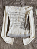 Falling Notes Concerto - White Off-Shoulder Ribbed Music Score Long Sleeve