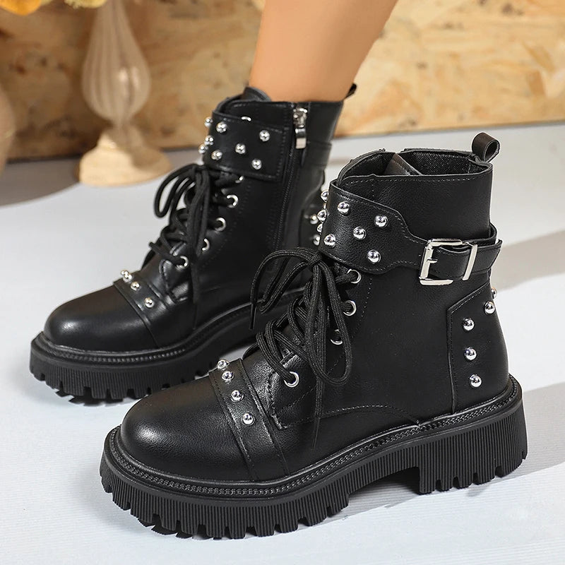 Rivet Punk Ankle Boots – Lace-Up Platform