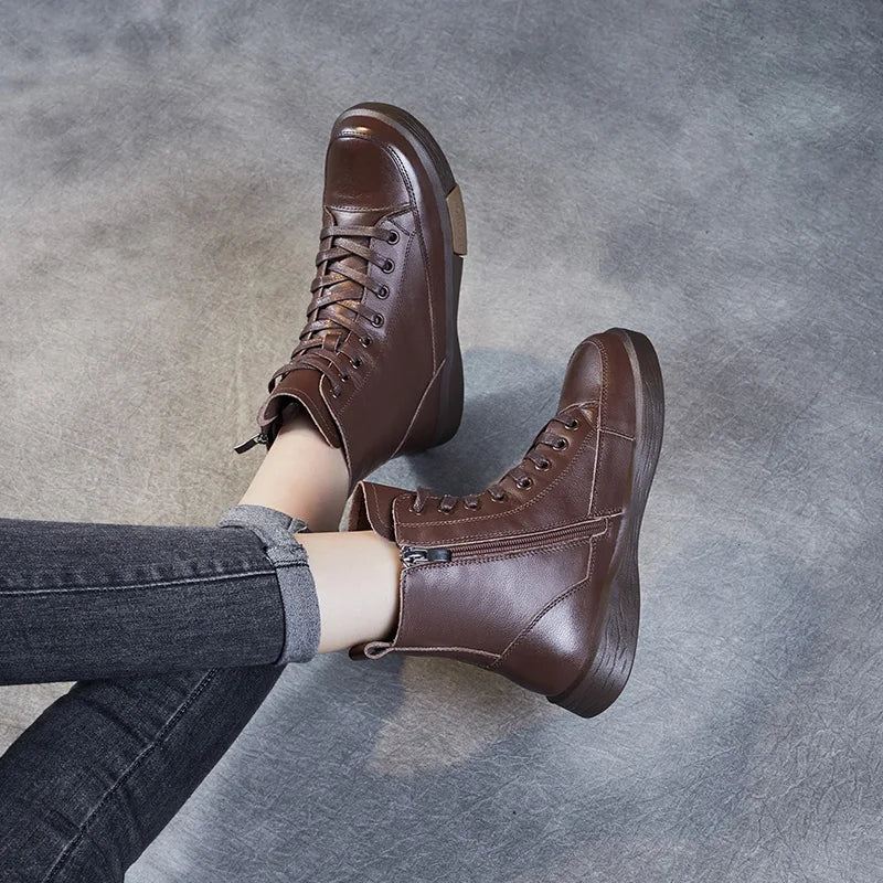 Genuine Leather Ankle Boots – Handmade Retro Lace-Up
