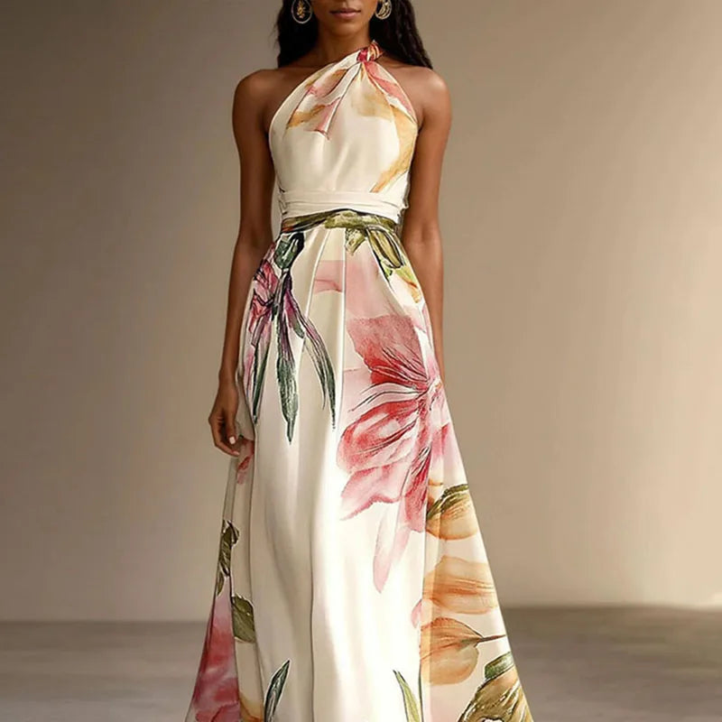 Sexy Bohemian Beach Holiday Dress Woman Elegant Floral Print High Waist Long Dress Spring Summer One Shoulder Maxi Dress
