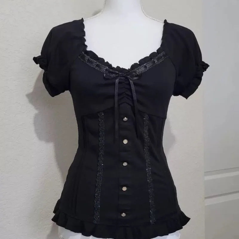 Vintage Black Fashion Bow Sweet Blouse Women Short Sleeve Square Neck Slim Chic Tops New Elegant Casual Y2K Retro Outfits 2025