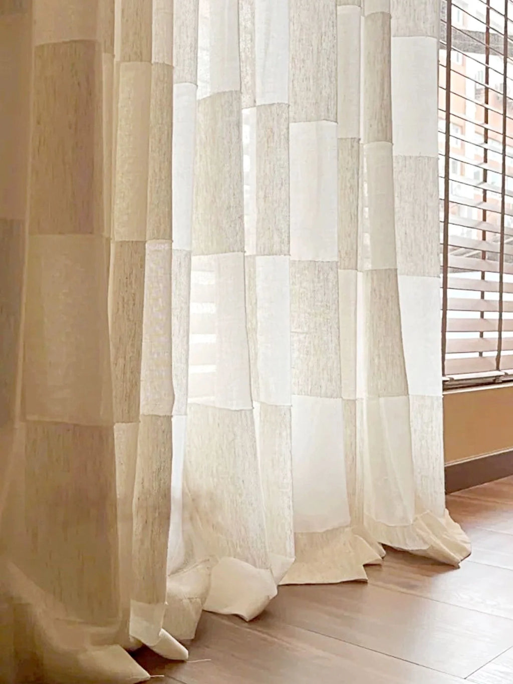GRID VOILE SHEER CURTAIN - Ecru Plaid Weave, 5 Hanging Styles - Soft Rooms