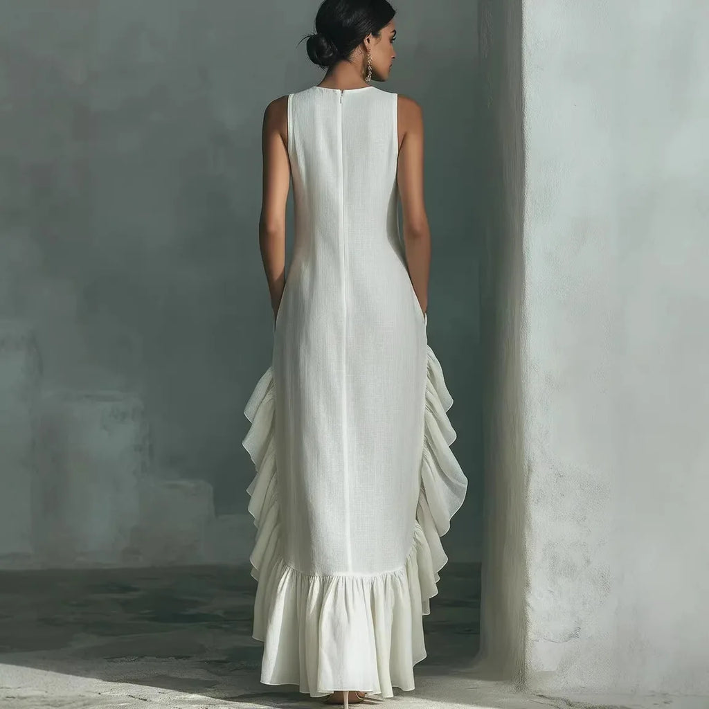 Retro Solid Sleeveless Long Dress Women 2026 Fashion O Neck Loose Maxi Dress Summer Ruffle Hem Tank Boho Beach Dress Sundress