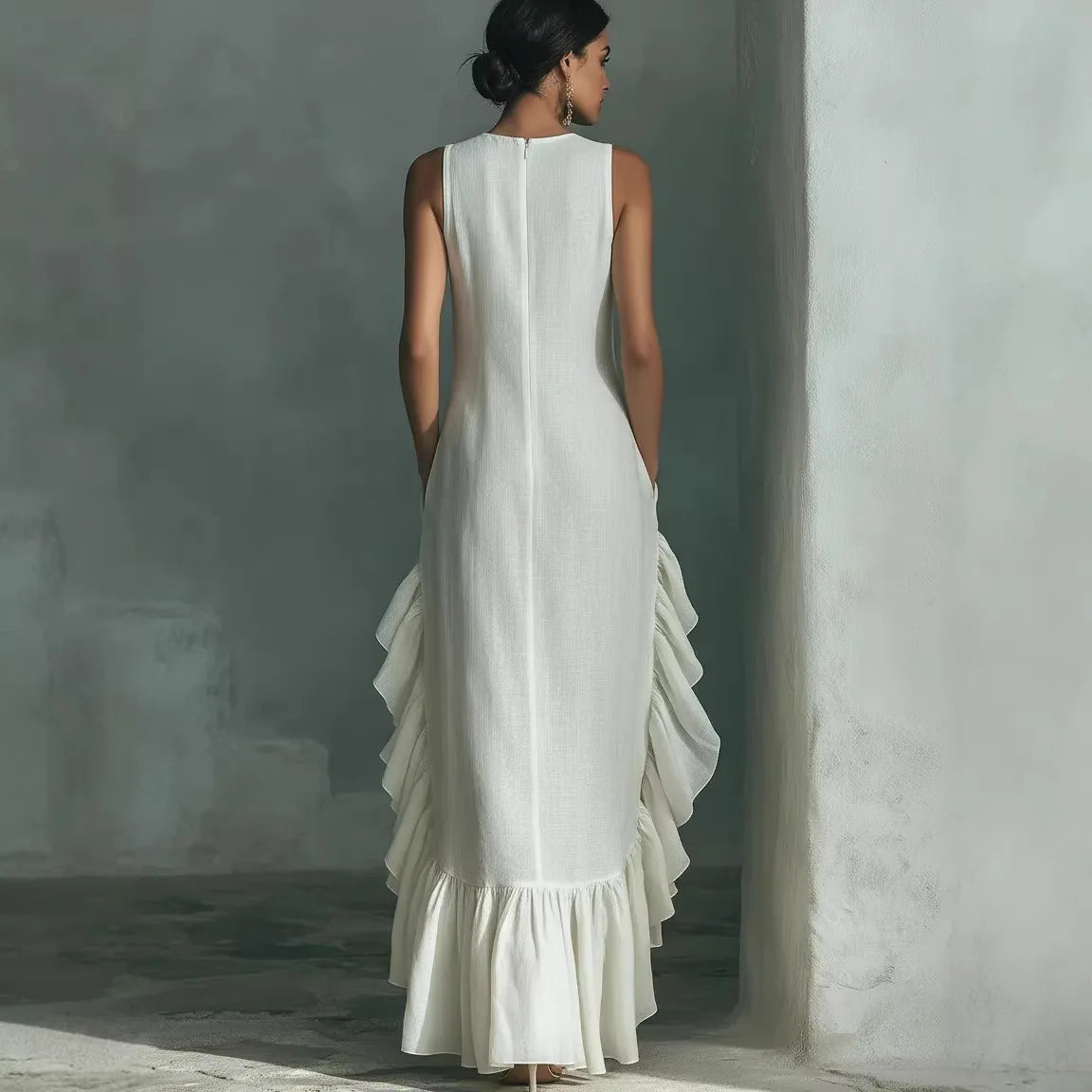 Retro Solid Sleeveless Long Dress Women 2026 Fashion O Neck Loose Maxi Dress Summer Ruffle Hem Tank Boho Beach Dress Sundress
