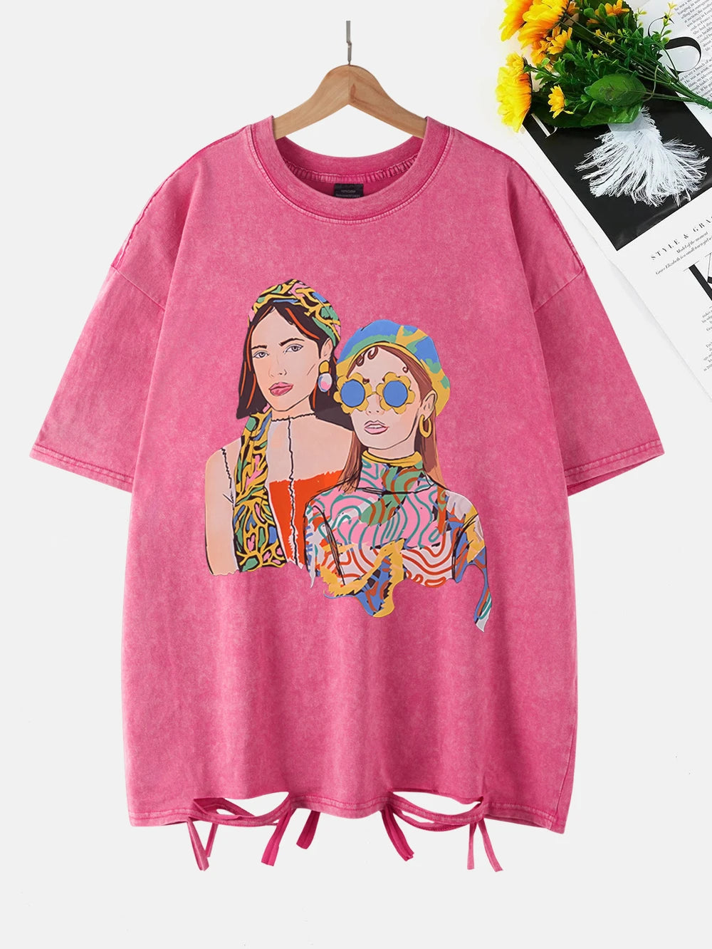 City Girls Art Print Washed T-Shirt - Oversize Acid Black
