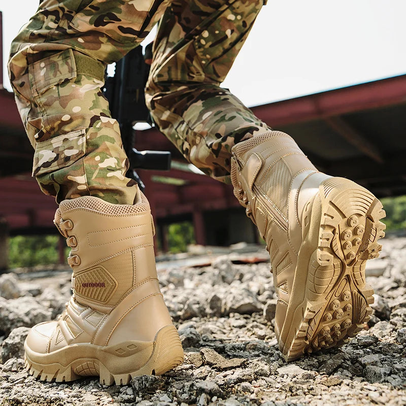 DUNE WALKER - Men's High-Top Leather Ankle Boots - Desert Combat Style