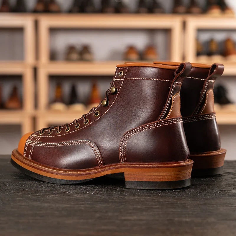 Men's Genuine Leather Motorcycle Boots - Handmade Goodyear Welted Round Toe Ankle Boots